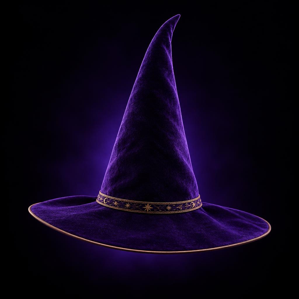 Tall purple wizard hat with a gold trimmed band
