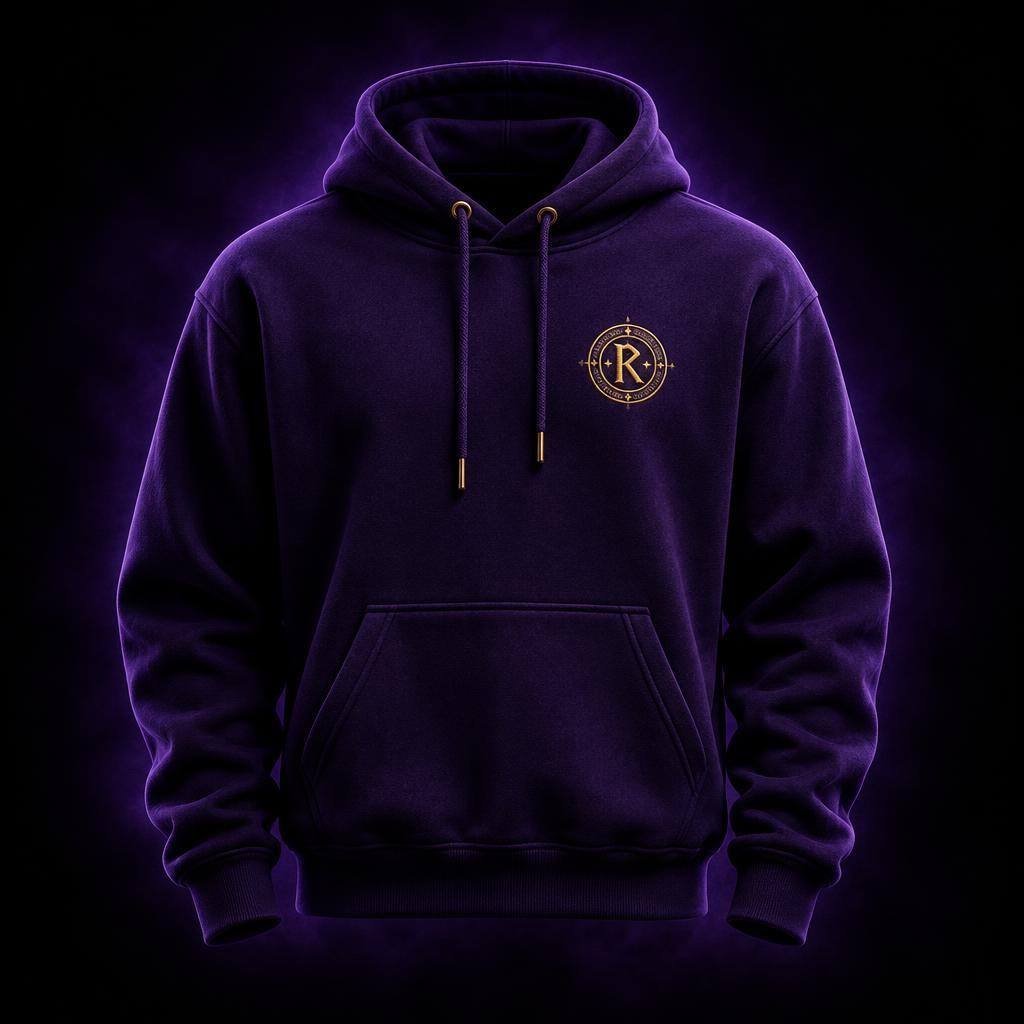 Deep purple Ruti hoodie with a gold embroidered wizard coin emblem